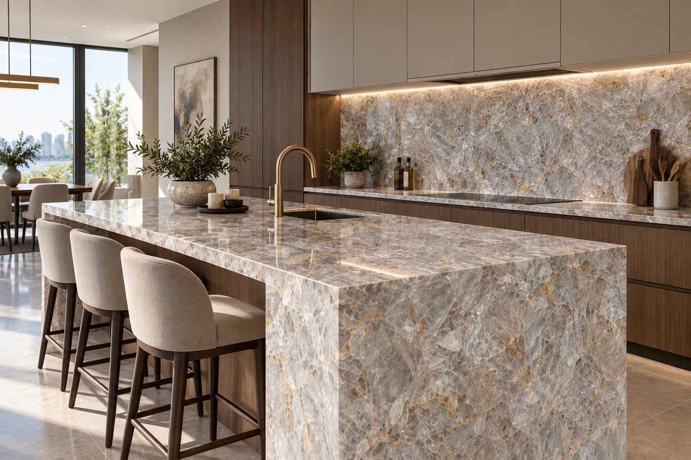 Agate Preciousstone Apollo kitchen island, styled and ready to live in