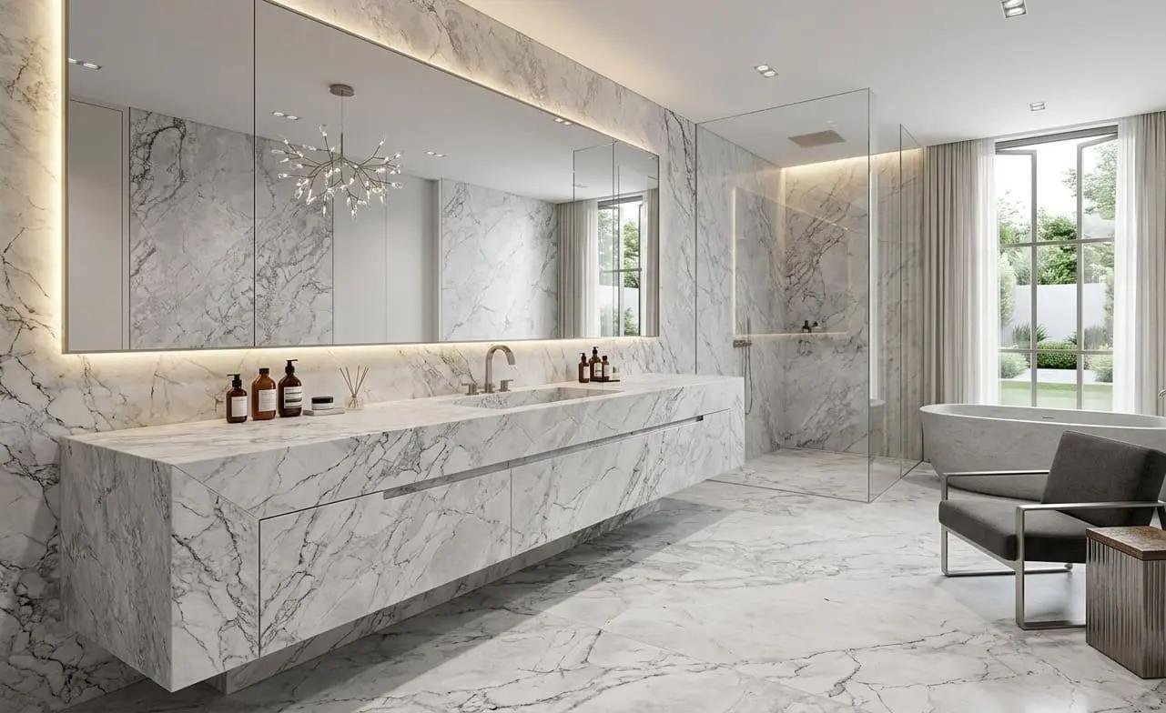 Finished Stone Experience marble bathroom with floating vanity and glass shower
