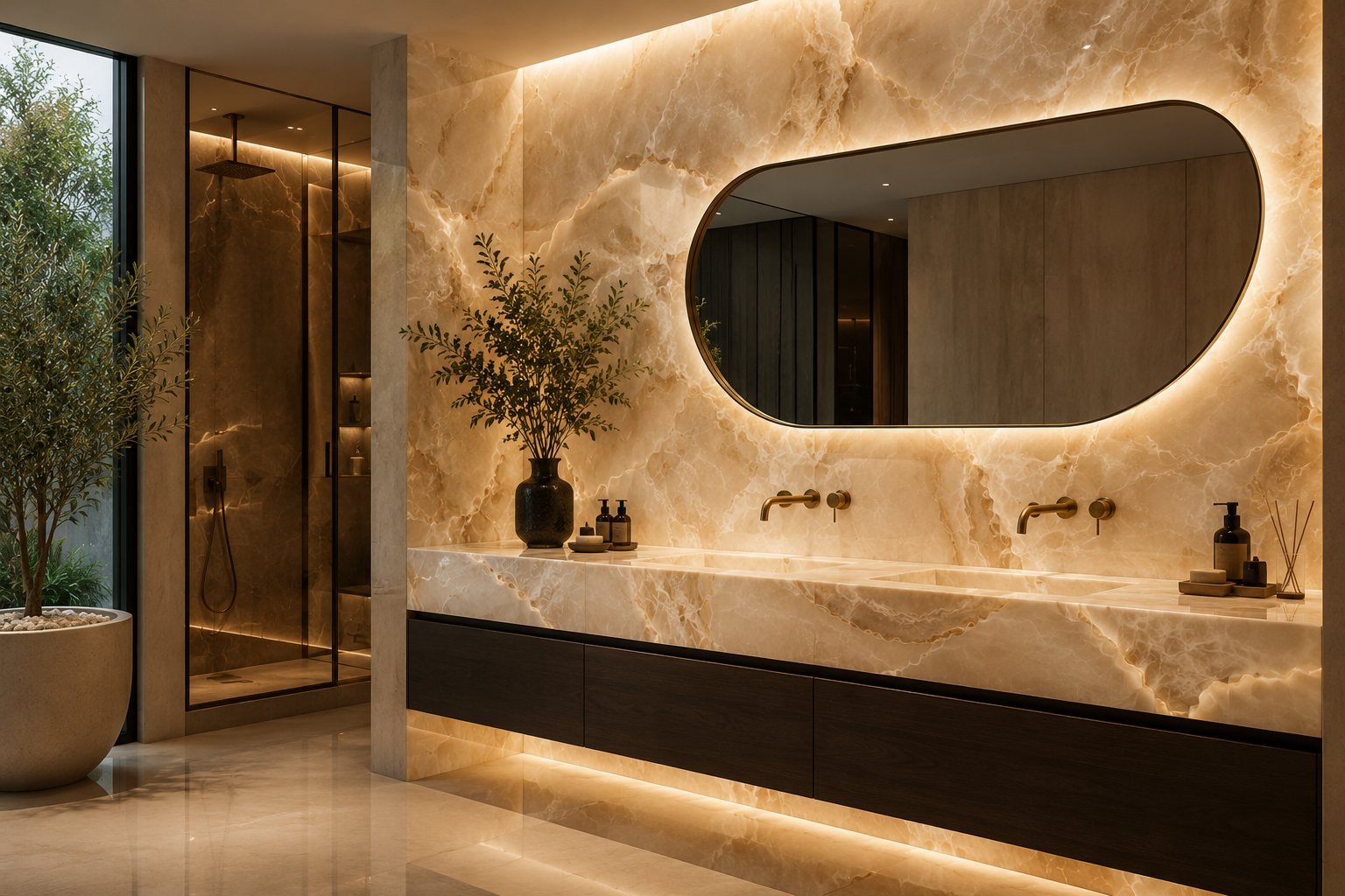 Onyx Velluto backlit bathroom application