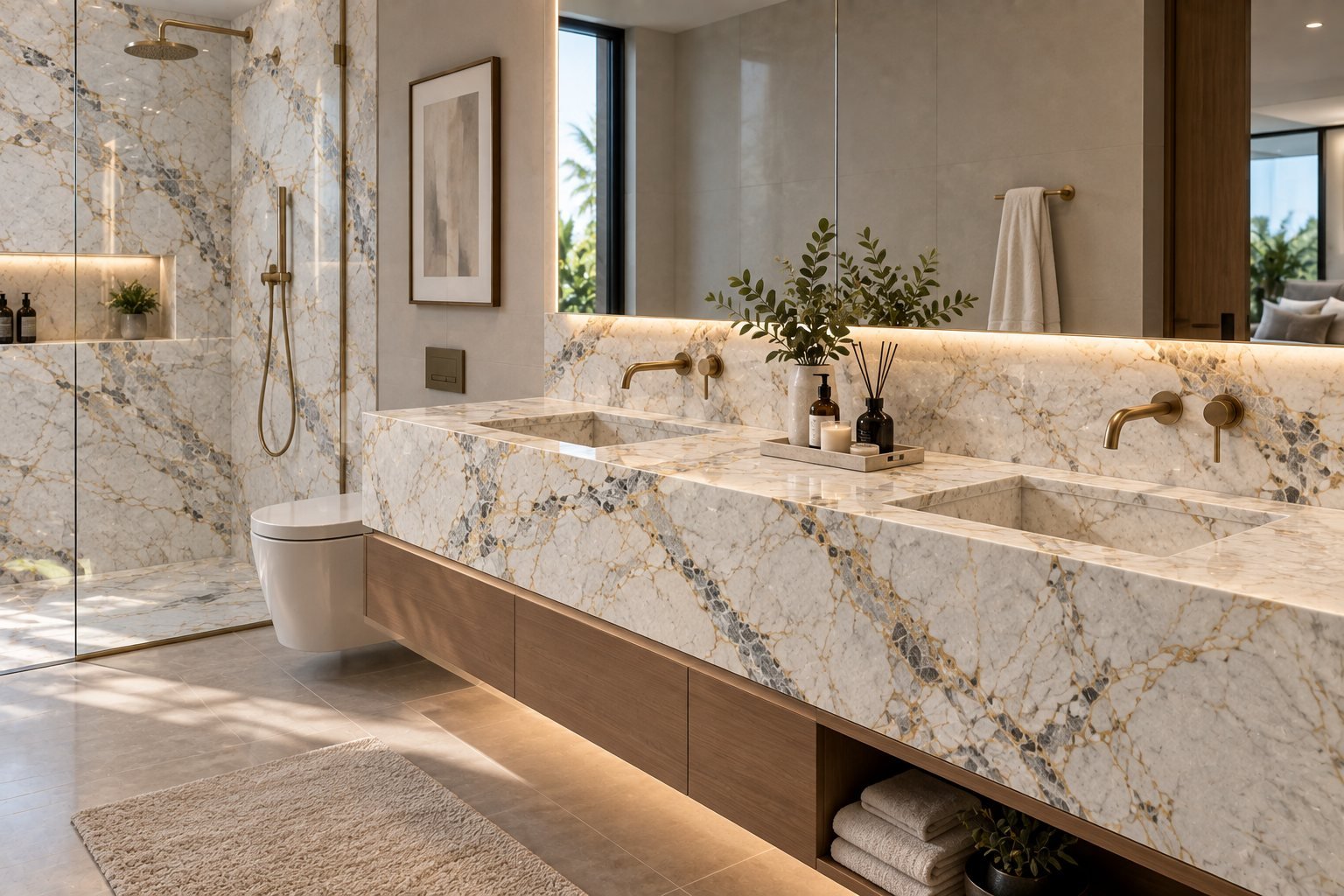 Quartzo marble double vanity bathroom application