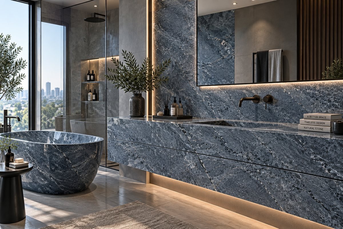 Soapstone bathroom application, city view