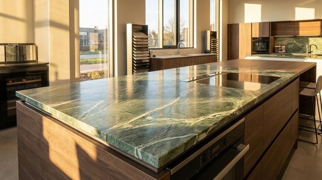 Kitchen with green-toned Dolomite waterfall island, a Stone Experience project