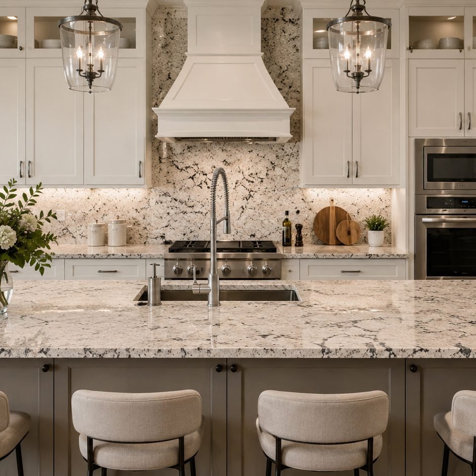Kitchen bar with Alpino Granite waterfall countertop, a Stone Experience project