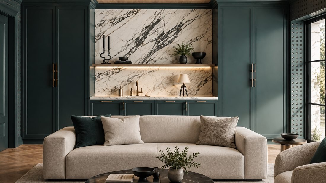 Living room wet bar with marble accent wall and shelving, a Stone Experience project