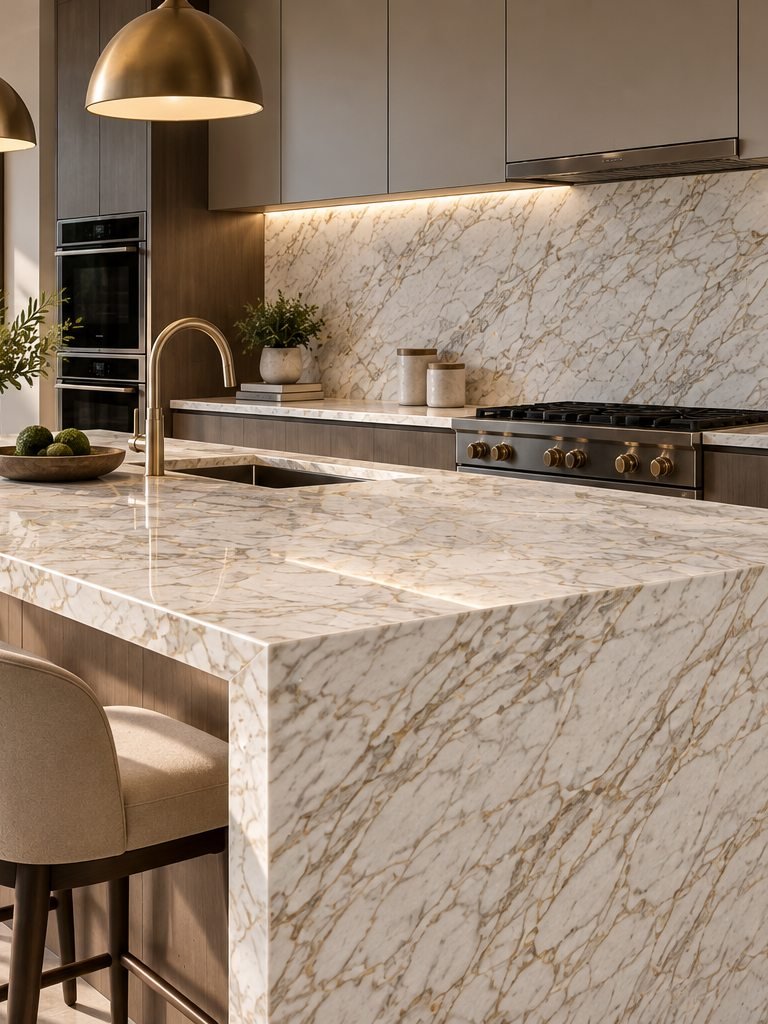 Kitchen island with waterfall quartz countertop, a Stone Experience project
