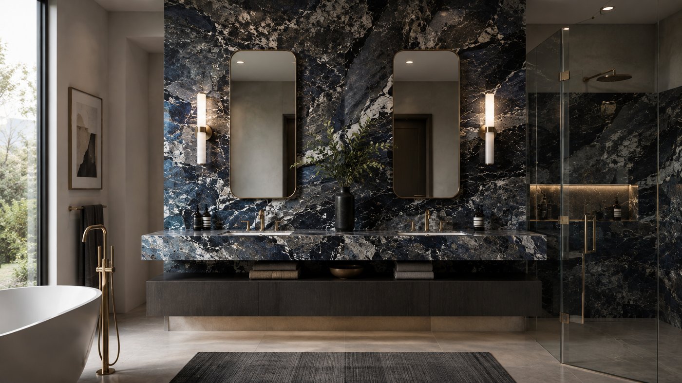 Explosion Blue granite bathroom vanity wall by Stone Experience