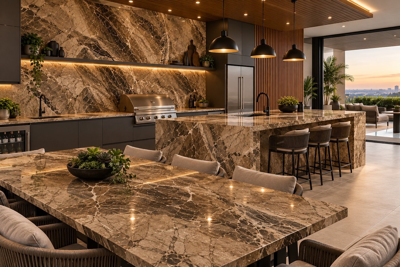 Bronze-toned marble outdoor kitchen and dining island by Stone Experience