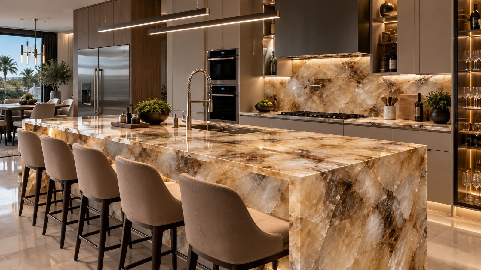 Backlit onyx kitchen island with waterfall edge, a Stone Experience gallery project