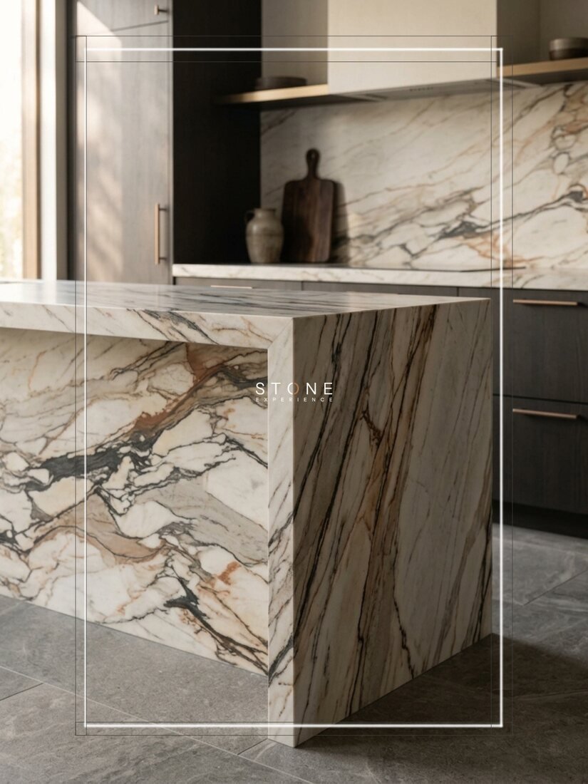 Stone Experience kitchen island, exotic marble waterfall corner