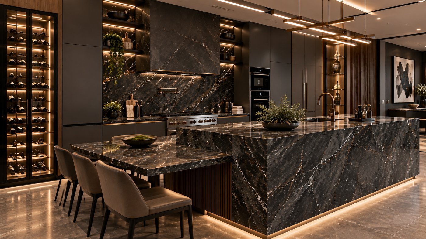 Andromeda Patinato porcelain kitchen island and backsplash by Stone Experience