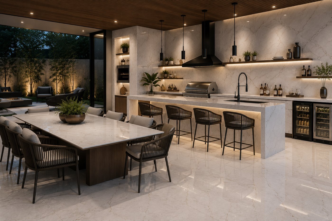 Finished porcelain outdoor kitchen and dining island by Stone Experience