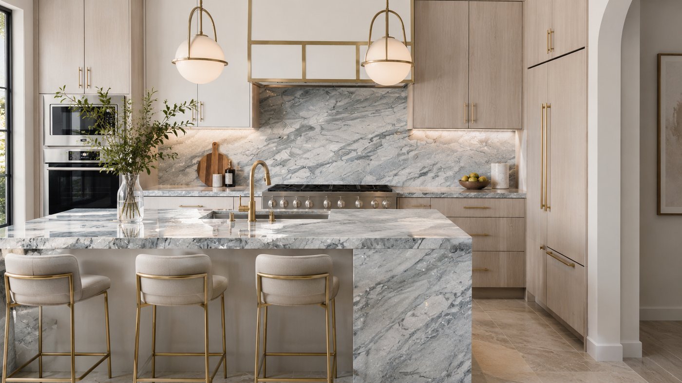 Quartzite Ijen slab used as a kitchen island and backsplash, an example of Stone Experience material selection