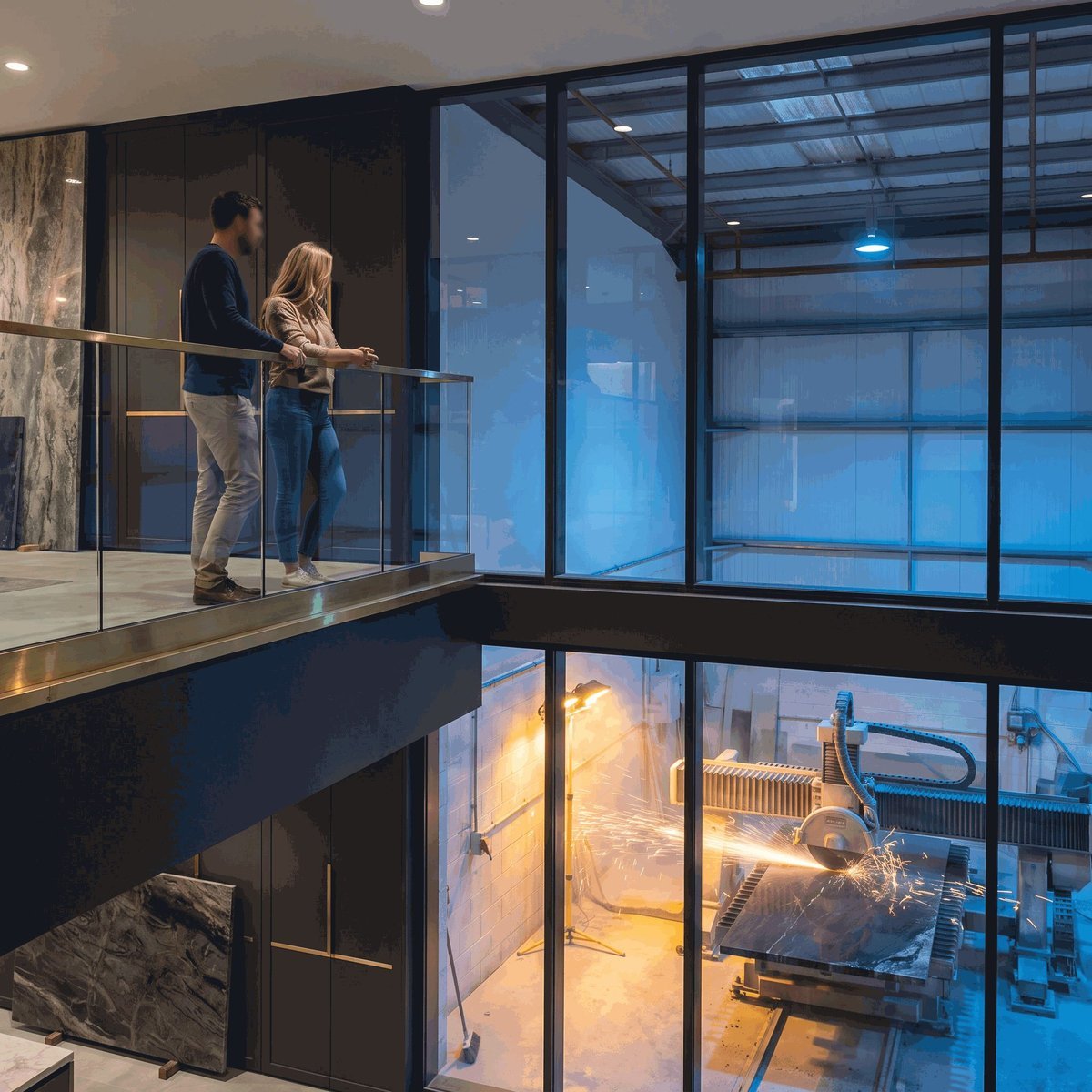 Clients watching a stone slab being cut on the fabrication floor from the Stone Experience VIP viewing deck